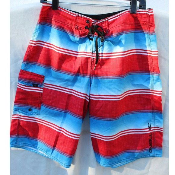 O'Neill Board Short Men's 31 Red/Blue Striped Logo Embroidered Beach Swim Surf - Picture 1 of 7